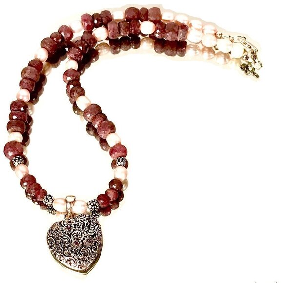 Genuine Ruby Gemstone Pearl Heart 925 Victorian Sterling Silver Necklace Pendant - Picture 4 of 10